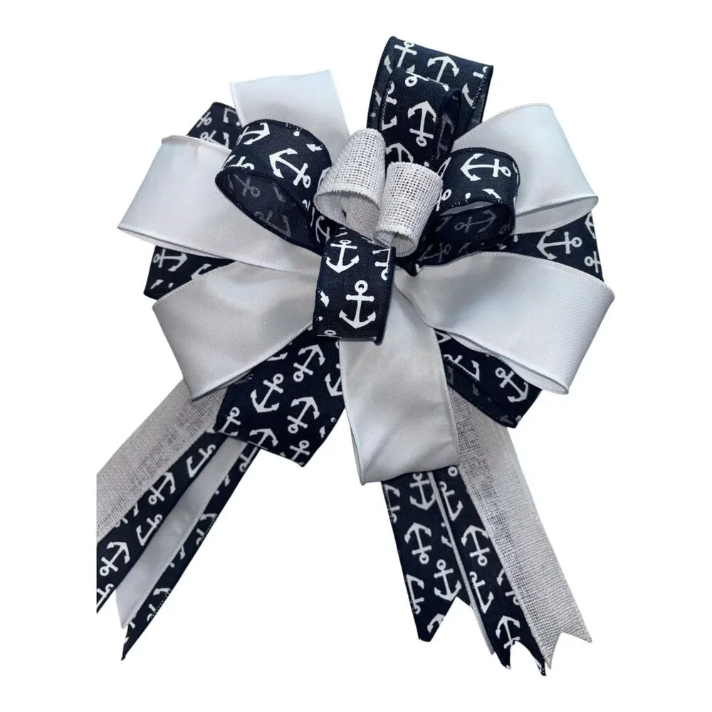 12‑Inch Nautical Anchor Bow | Navy & White Coastal Wreath Bow | Beach House